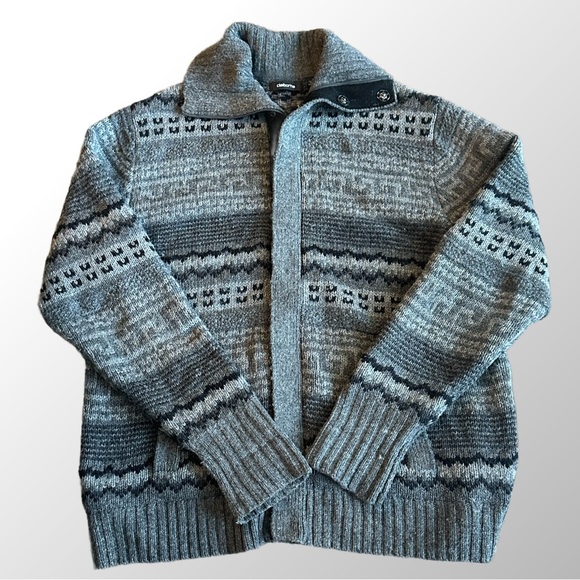 Claiborne Gray Pattern Wool Blend Cardigan‎ Sweater Full Zip Snap Button Large - Picture 1 of 9